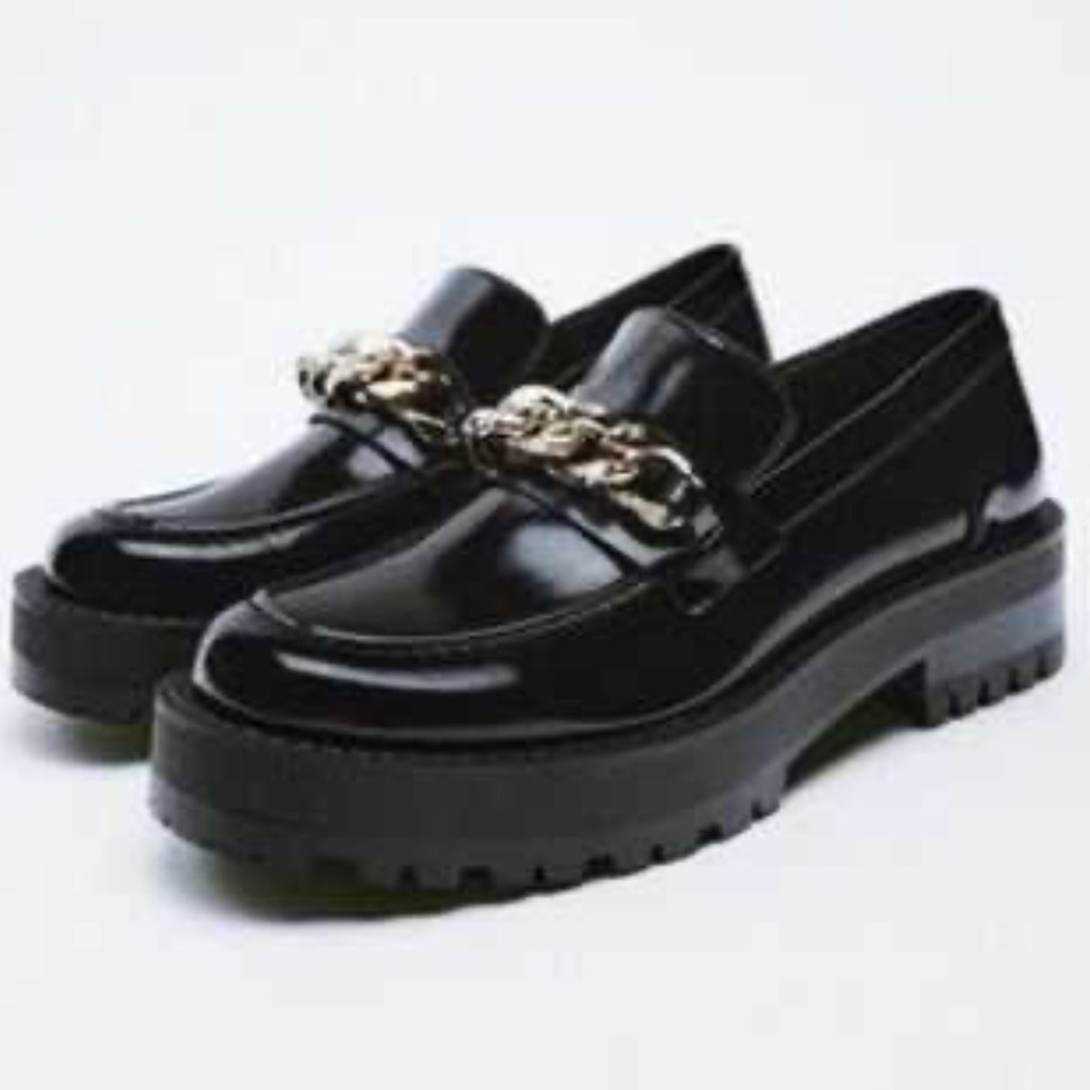 Zara Black Loafers with Gold Chain Detail